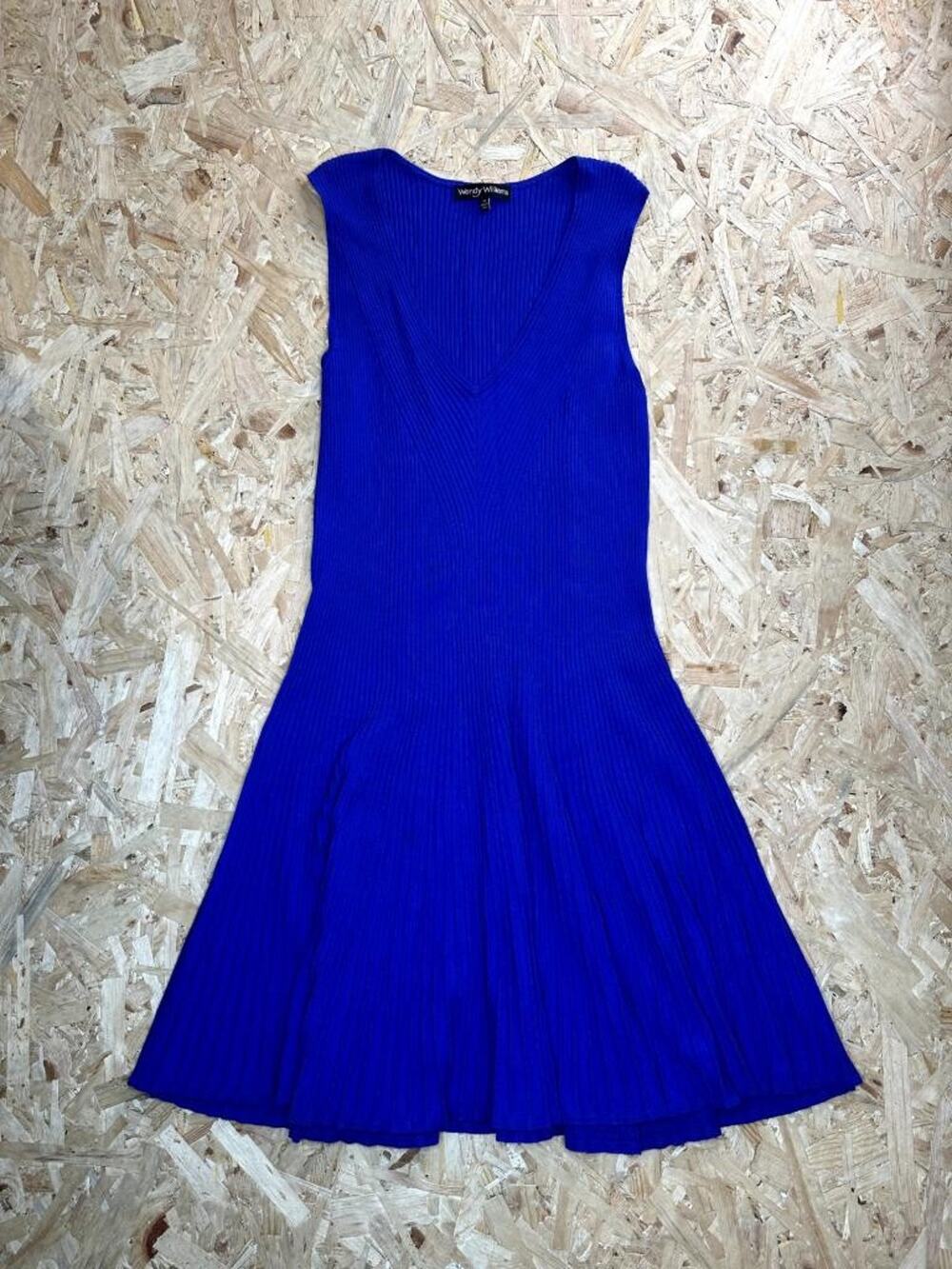 Wendy Williams Blue Ribbed Knit Dress Womens 1X V-Neck Sleeveless Fit & Flare